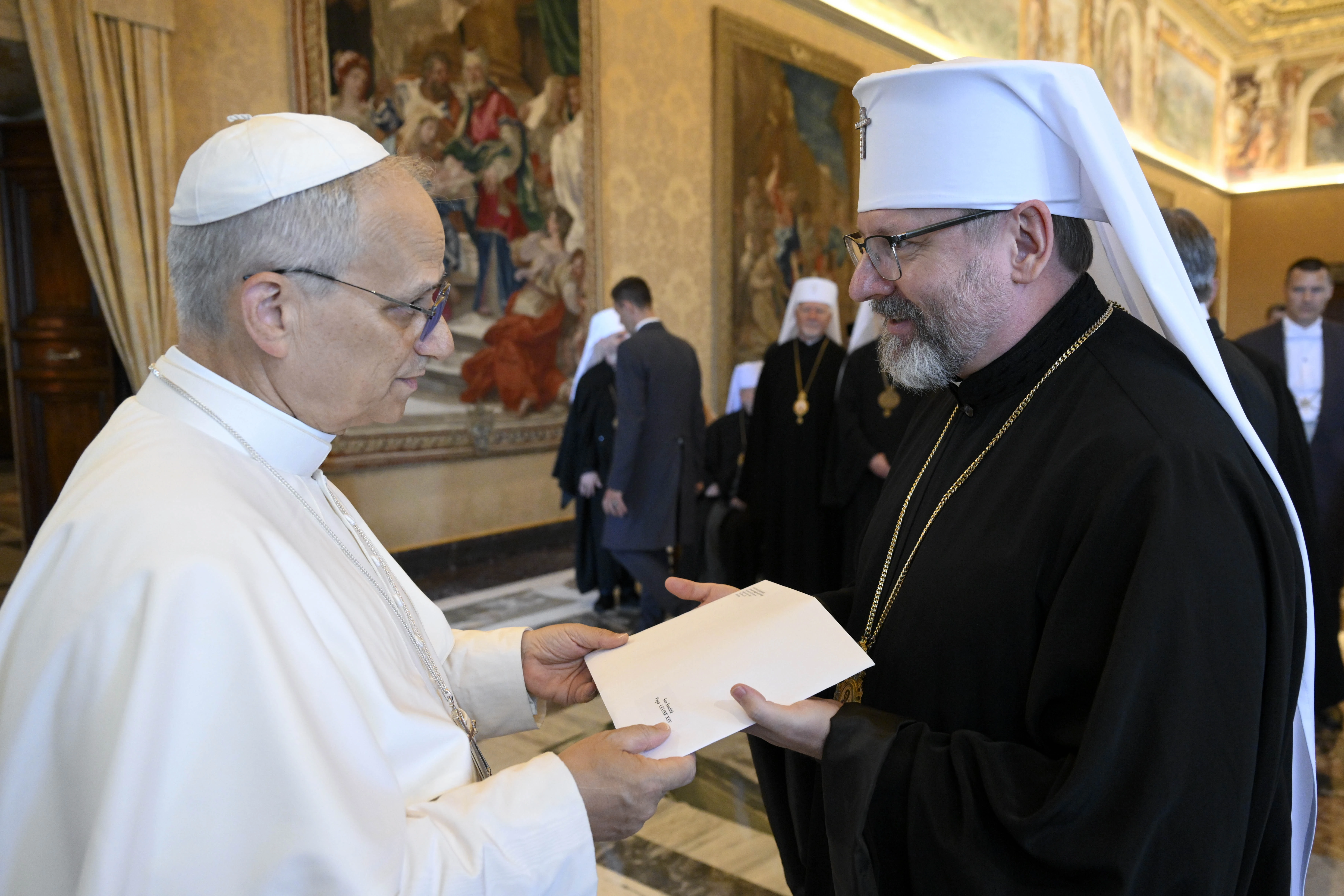 Pope Leo XIV greets Sviatoslav Shevchuk, primate of the Ukrainian Greek Catholic Church, on July 2, 2025, at the Vatican.?w=200&h=150
