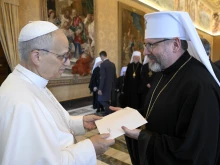 Pope Leo XIV greets Sviatoslav Shevchuk, primate of the Ukrainian Greek Catholic Church, on July 2, 2025, at the Vatican.
