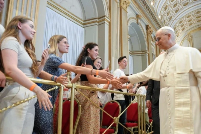 Pope Leo XIV greets a group of catechumens from France during an audience on July 29, 2025, at the Vatican.?w=200&h=150