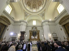 Pope Leo XIV celebrates the Mass of the Assumption of the Blessed Virgin Mary at the Church of St. Thomas of Villanova in Castel Gandolfo, Friday, Aug. 15, 2025.