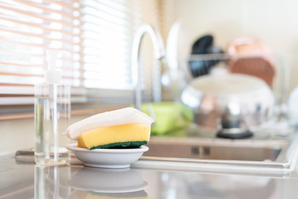 Sink with sponges in a dish