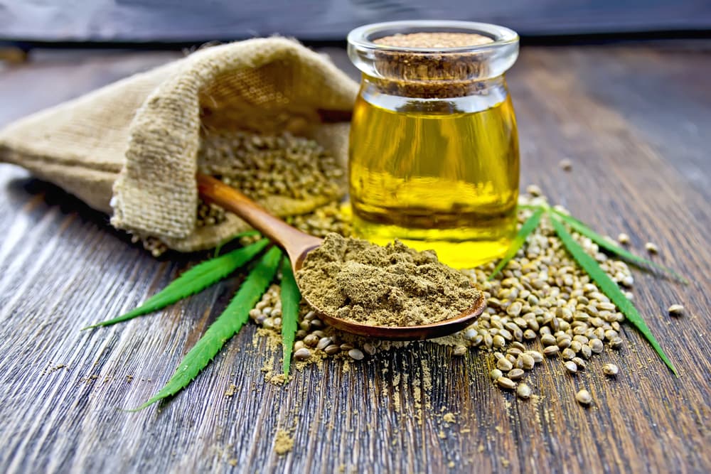 Hemp seed oil on table