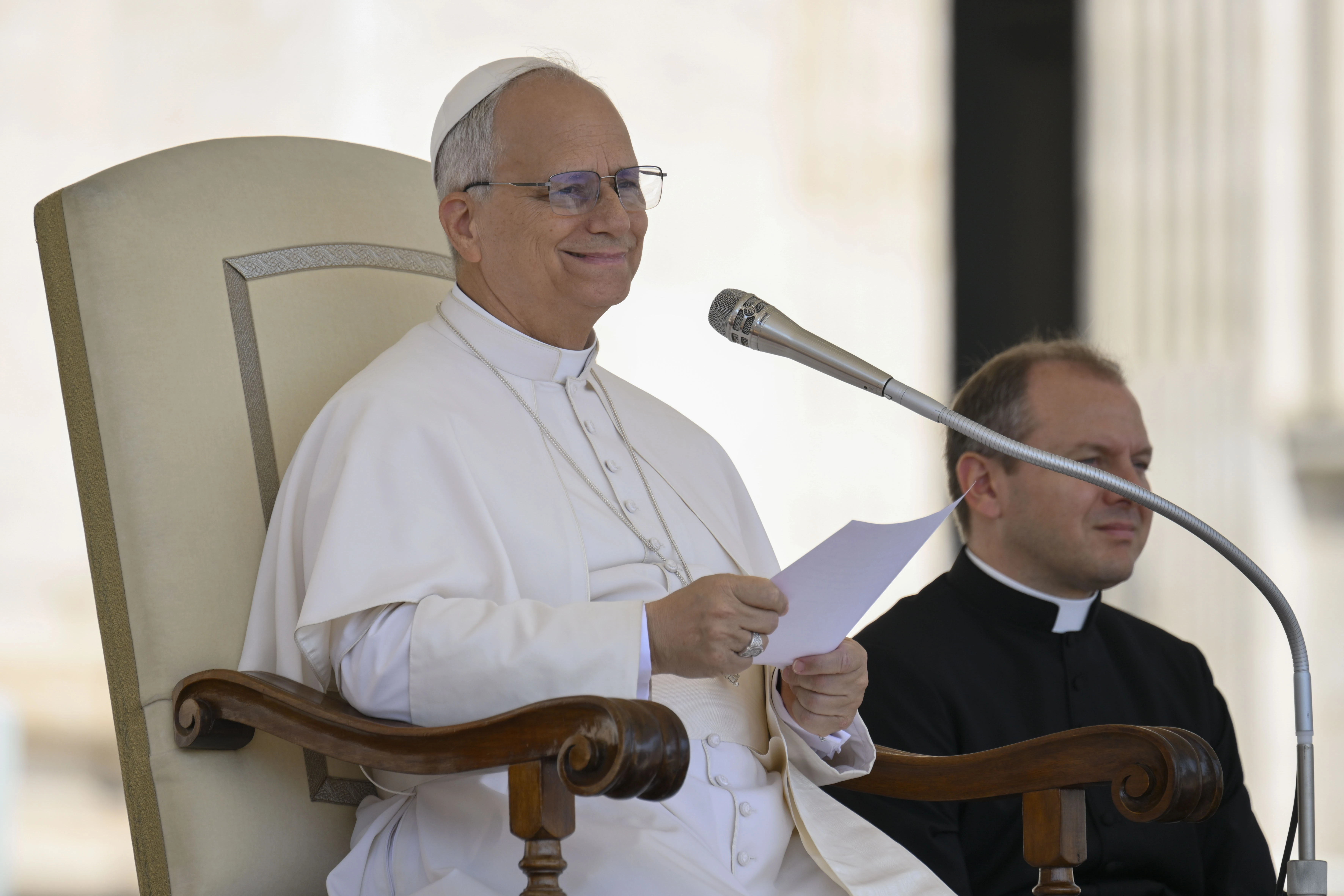 Pope Leo XIV speaks to thousands of pilgrims gathered in St. Peter’s Square for his Wednesday catechesis on the Jubilee theme “Jesus Christ Our Hope” on Aug. 6, 2025.?w=200&h=150