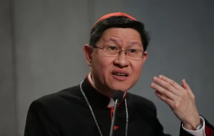 Cardinal Luis Antonio Tagle at the Synod of Bishops on Oct. 9, 2015. Credit: Daniel Ibanez/CNA