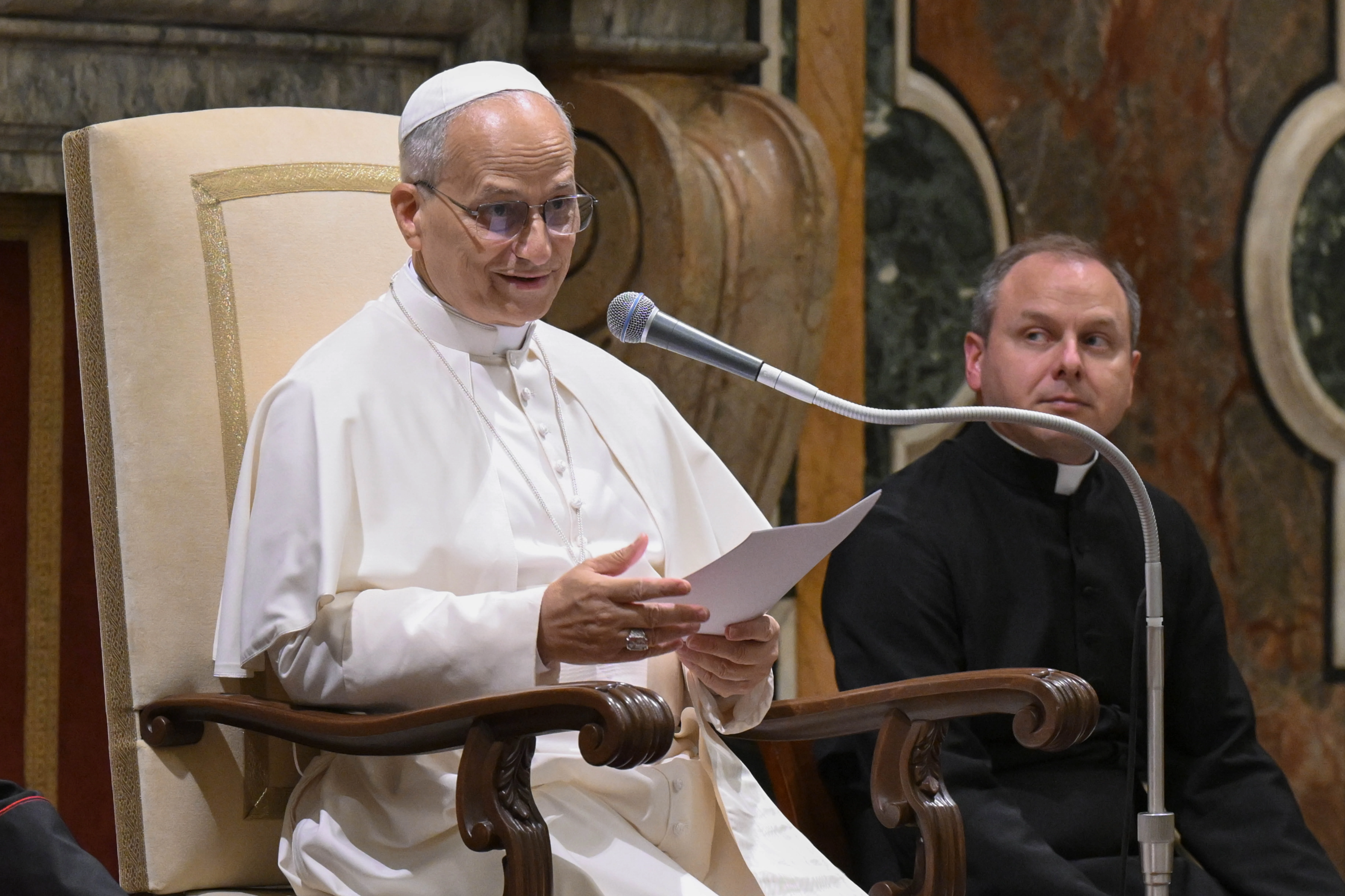 Pope Leo XIV on July 25, 2025, addresses priests belonging to the Society of St. Xavier and participants of a monthlong seminary formators course at the Pontifical Athenaeum Regina Apostolorum at the Vatican.?w=200&h=150