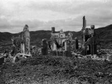A view of the ruined Urukami Cathedral after the Aug. 9, 1945, atomic bombing of Nagasaki.