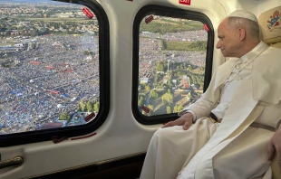 Pope Leo XIV approaches Tor Vergata in Rome by helicopter on Saturday, Aug. 2, 2025. Credit: Vatican Media