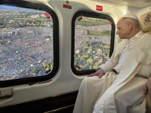 Pope Leo XIV approaches Tor Vergata in Rome by helicopter on Saturday, Aug. 2, 2025.