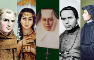From left to right: St. Junípero Serra, St. Kateri Tekakwitha, St. Katharine Drexel, St. John Neumann, St. Elizabeth Ann Seton. Credit: Public domain