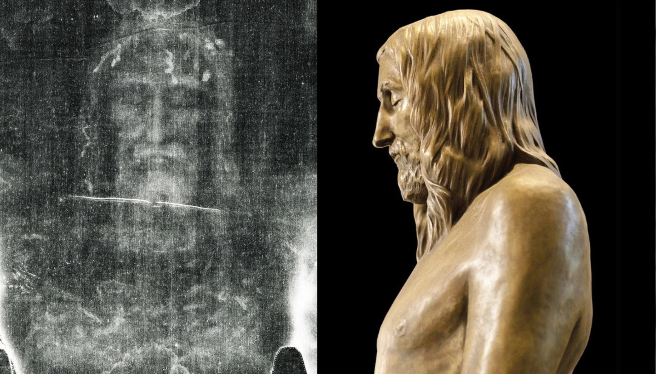 Left to right: Negative photo of the frontal image of the man of the shroud. A side view of the sculpture, “The Sign,” which depicts the man of the shroud.?w=200&h=150