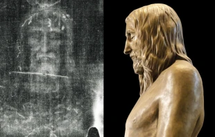 Left to right: Negative photo of the frontal image of the man of the shroud. A side view of the sculpture, “The Sign,” which depicts the man of the shroud. Credit: Copyright 1978, Vernon Miller/Copyright Collection of Gilbert Lavoie