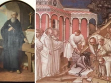 Portrait of St. Benedict (1926) by Herman Nieg (1849–1928); Heiligenkreuz Abbey, Austria; “Exorcism of St. Benedict,” by Spinello Aretino, late 14th century.
