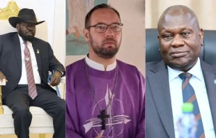 Bishop Christian Carlassare (center), President Salva Kiir (left), and Dr. Riek Machar (right). Credit: Catholic Diocese of Rumbek/Office of the President - Republic of South Sudan